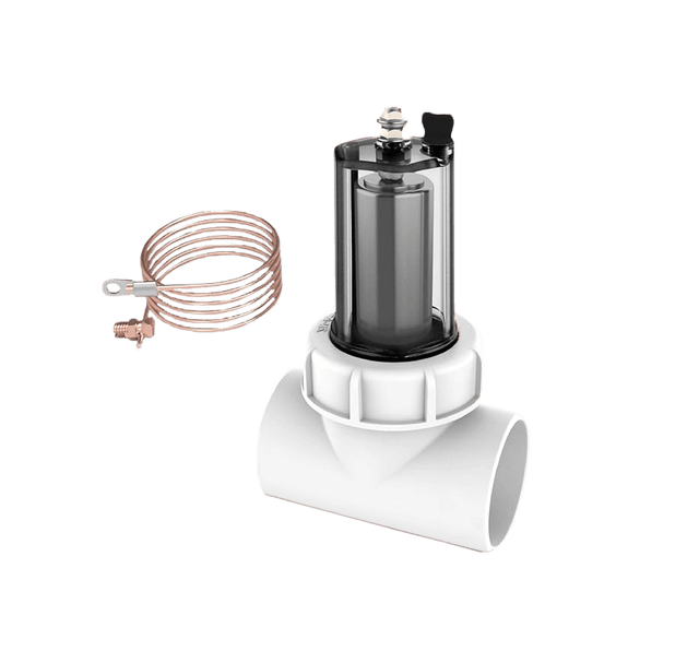 Aqua Coastal inline zinc anode for salt water pool systems, showing a metal corrosion-resistant part for pool plumbing.