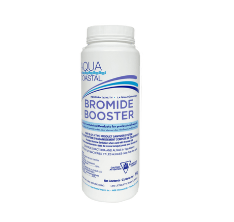 Aqua Coastal Bromide Booster for Spa Bromine System startups and shocks, bottled pool chemical product.