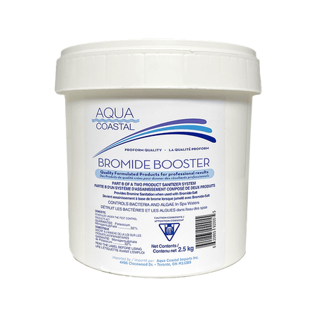 Aqua Coastal Bromide Booster for spa bromine system startups and shocks, shown in a clear bottle with label.