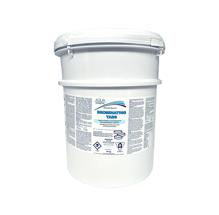 Aqua Coastal Bromine Tablets 18 KG, pool sanitizing chemicals, showing a bag of bromine tablets for spa and pool disinfection.