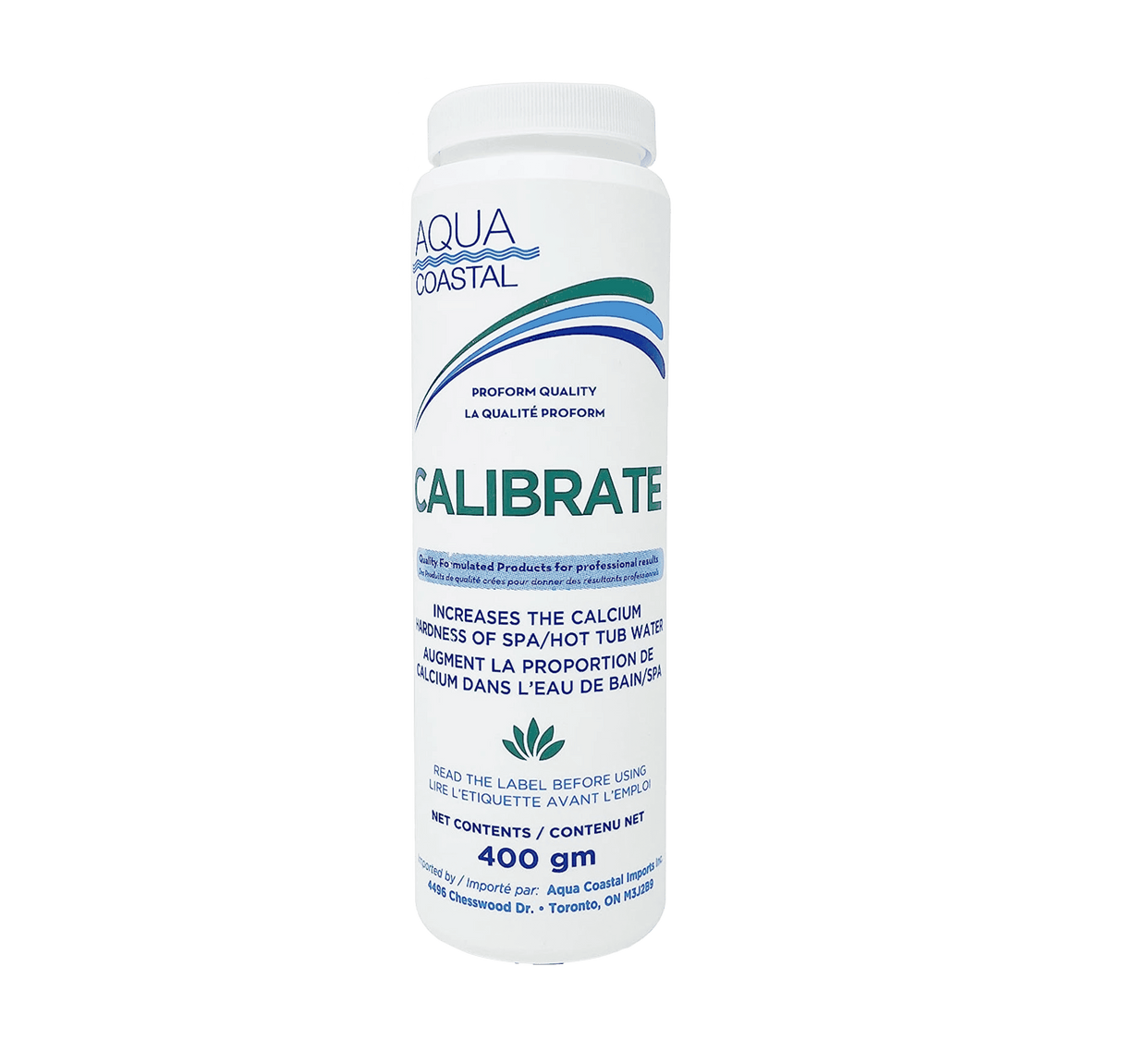Aqua Coastal calcium booster chemical container for pool and spa water balance control, with label and product details visible.