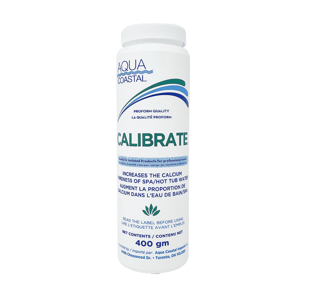 Aqua Coastal calcium booster chemical container for pool and spa water balance control, with label and product details visible.