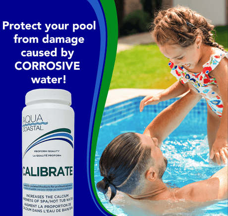 Aqua Coastal calcium booster chemical container for pool and spa water balance control, with label and product details visible.
