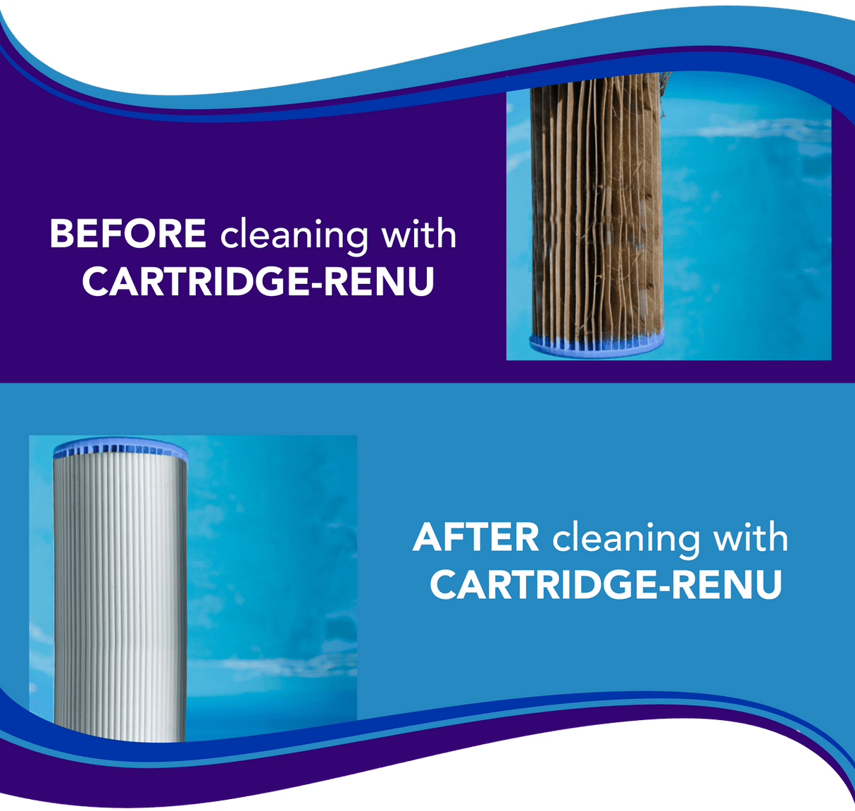 Aqua Coastal Cartridge Renu-Specialty Pool Chemical for filter cleaning in a clear plastic container, designed for pool filter maintenance.