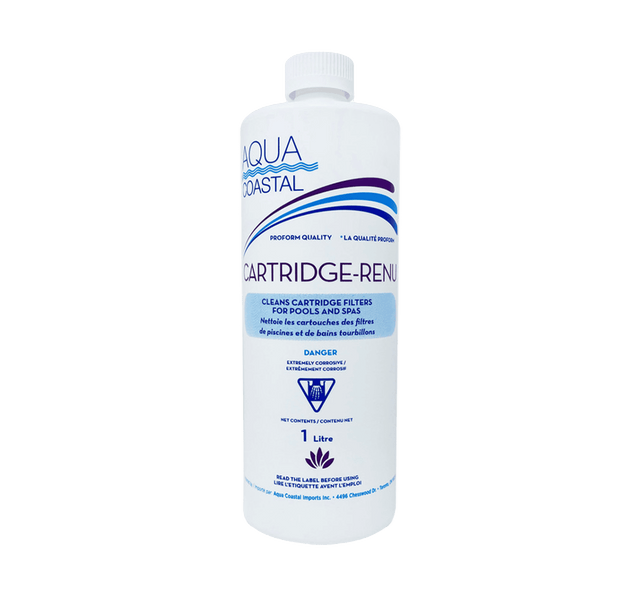 Aqua Coastal Renu-Specialty Pool Chemical cartridge for filter cleaning, showing a white plastic cartridge for pool maintenance.