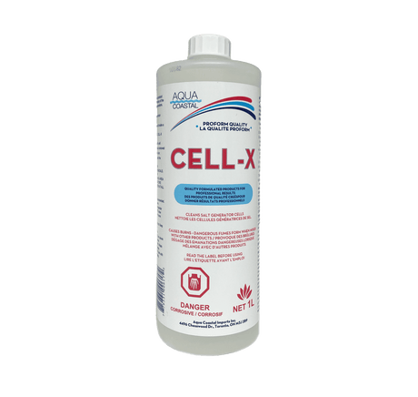 Aqua Coastal Cell-X Specialty Pool Chemical 1L for salt cell cleaning, showing the chemical bottle with label and cap.