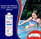 Aqua Coastal Cell-X Specialty Pool Chemical 1L bottle for salt cell cleaning, with label visible and pool chemical packaging.