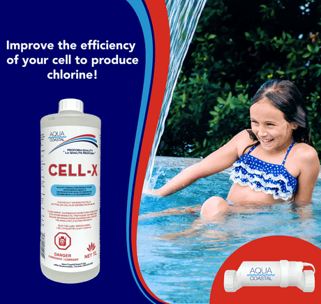 Aqua Coastal Cell-X Specialty Pool Chemical 1L bottle for salt cell cleaning, with label visible and pool chemical packaging.
