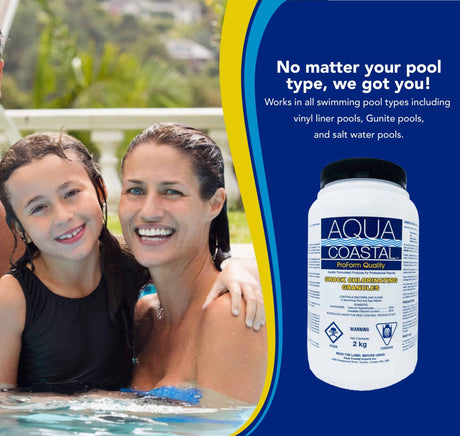 Aqua Coastal chlorine pool shock and super chlorinator 2kg container, pool chemicals for sanitation and clarity.