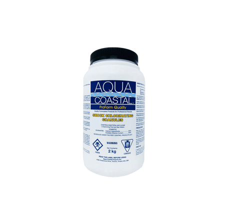 Aqua Coastal chlorine pool shock and super chlorinator 2kg container for maintaining clean, healthy swimming pool water.