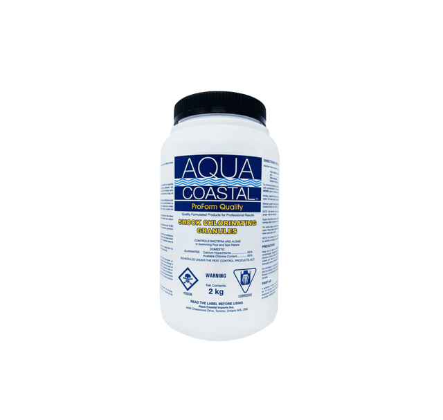 Aqua Coastal chlorine pool shock and super chlorinator 2kg container for maintaining clean, sanitized swimming pool water.