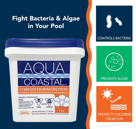 Aqua Coastal chlorine pucks, 3-inch size, 6kg container, used for pool sanitizing and water treatment.