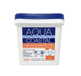 Aqua Coastal 3-inch chlorine pucks for pool sanitizing, shown in a 6kg container, ready for pool water treatment.