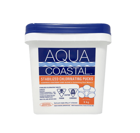 Aqua Coastal 3-inch chlorine pucks for pool sanitizing, shown in a 6kg container, ready for pool water treatment.