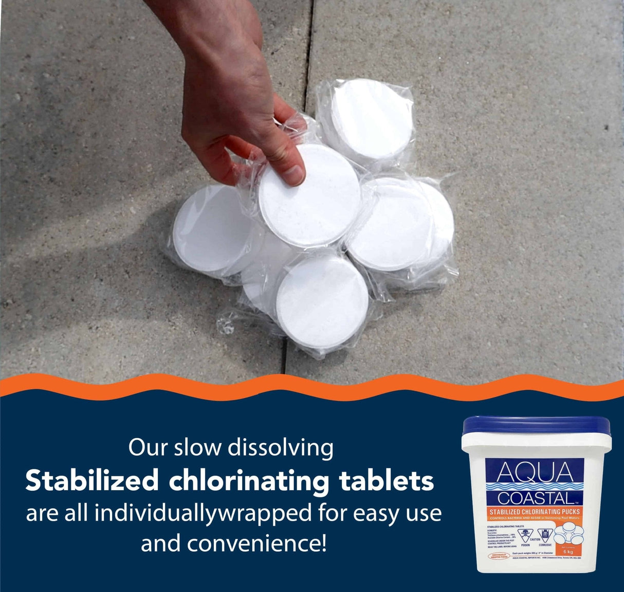 Aqua Coastal 3-inch chlorine pucks in a 6kg container for pool sanitizing and water treatment.