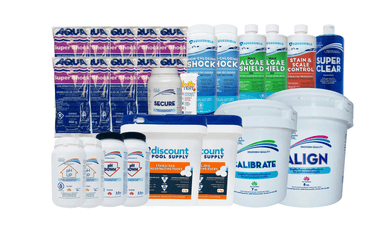 Aqua Coastal chlorine starter chemical kit for pool opening, including bottles of pool chlorine and testing supplies.