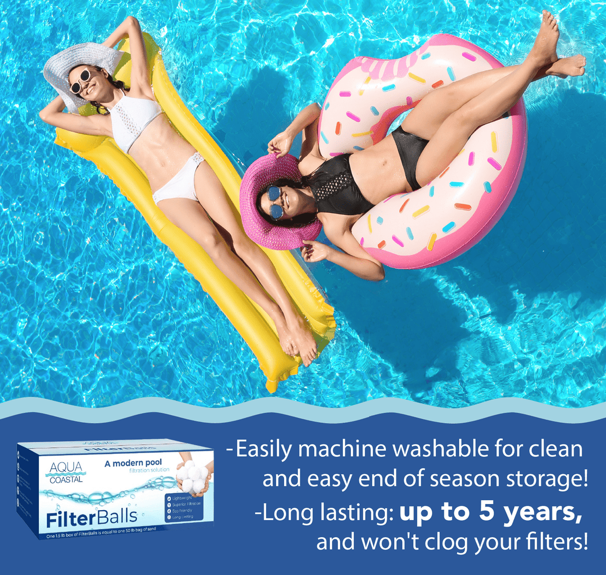 Aqua Coastal filter balls for sand pool filters, designed for effective backwashing and maintaining clean pool water.