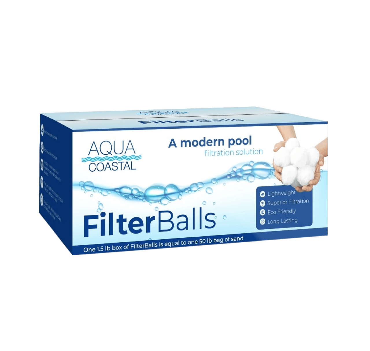 Aqua Coastal filter balls for sand filter systems, shown in a clear image, designed for effective pool water filtration and easy backwashing.