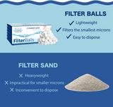 Aqua Coastal filter balls for sand pool filters, showing small spherical filter media for effective backwashing and water filtration.