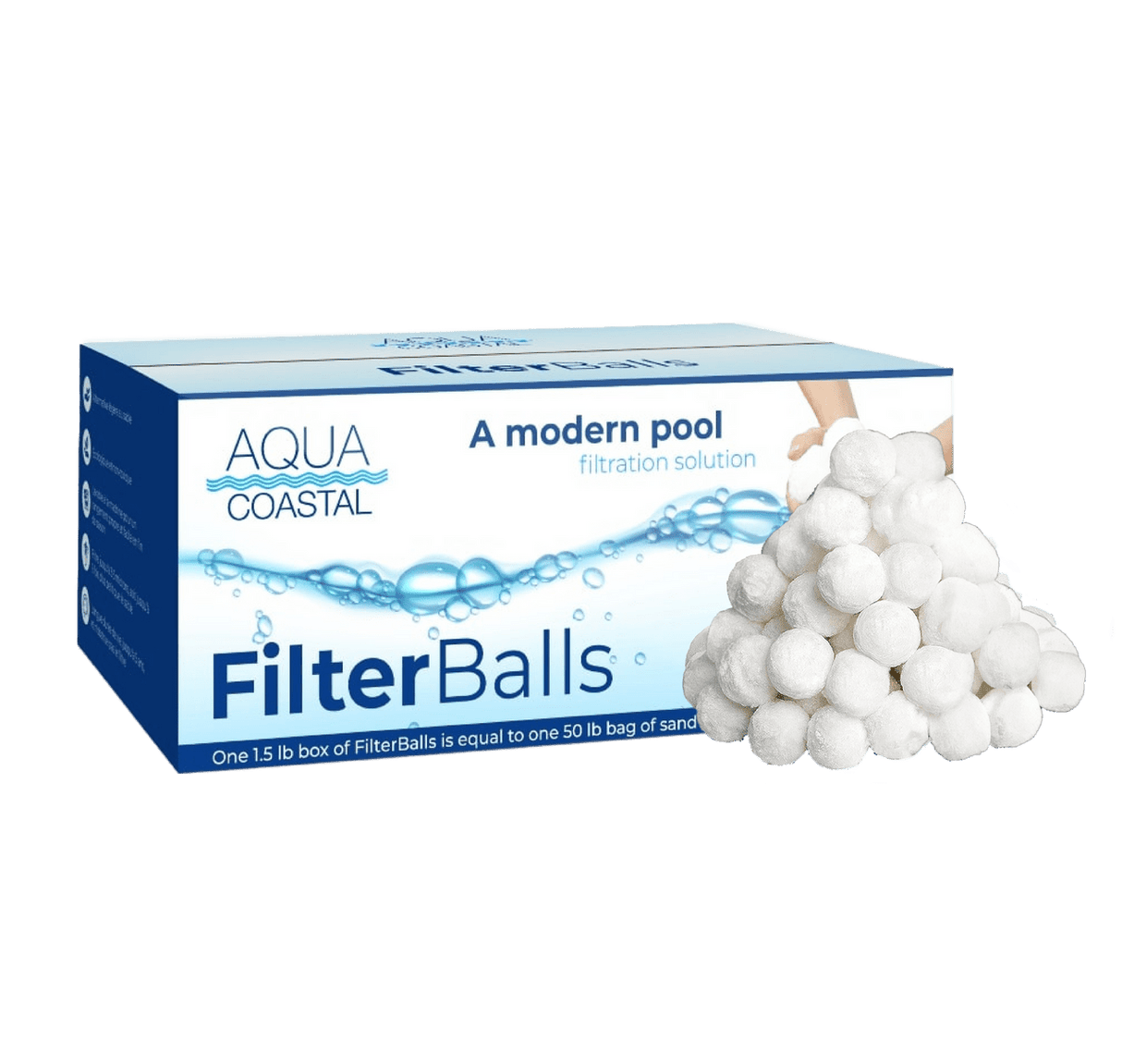 Aqua Coastal filter balls for sand pool filters, designed for easy backwashing and efficient water filtration in pool systems.