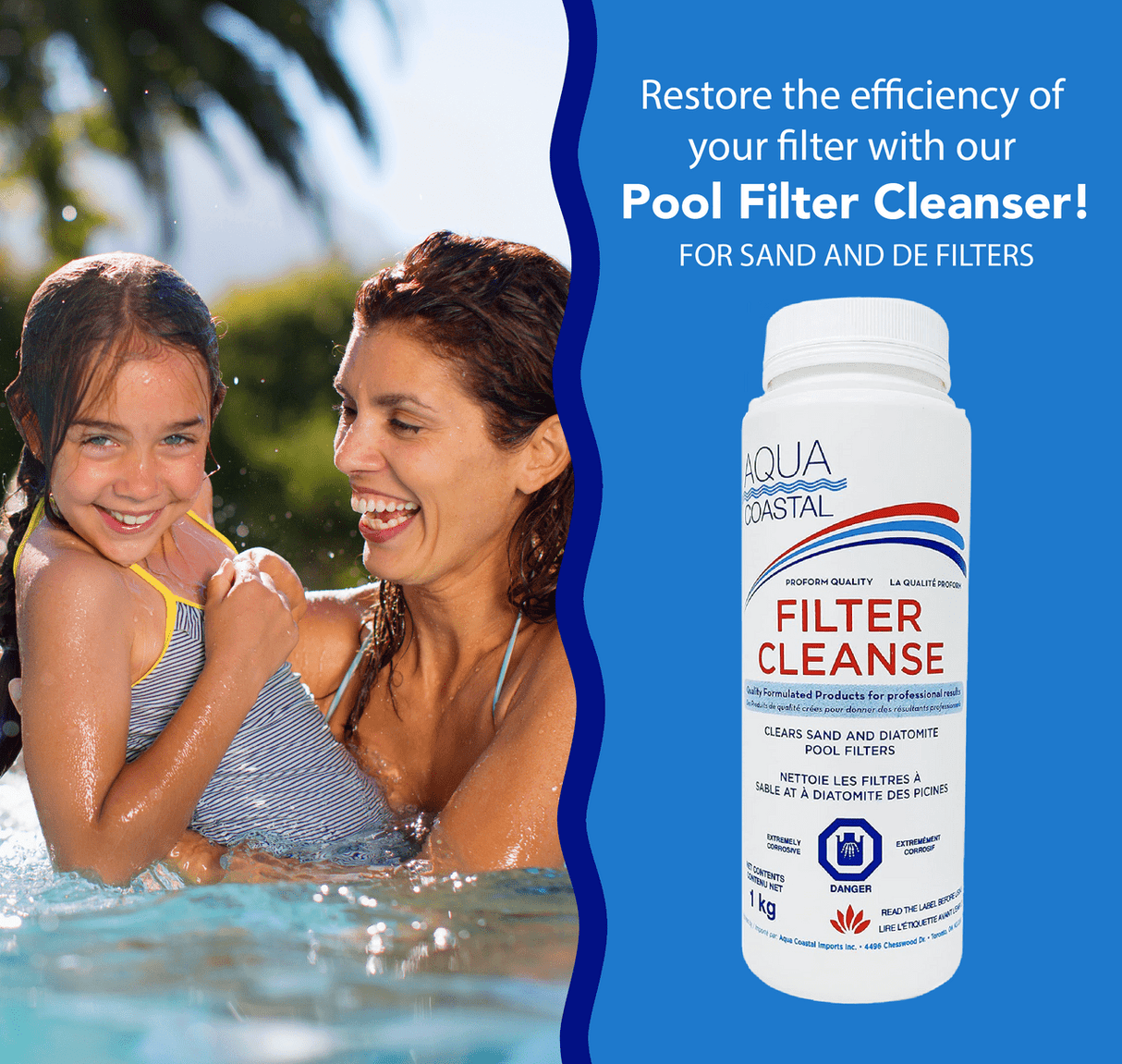 Aqua Coastal Filter Cleanse pool chemical bottle for deep cartridge filter cleaning, with label and cap visible.