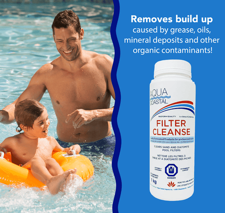 Aqua Coastal Filter Cleanse pool chemical for deep cartridge filter cleaning, shown in a clear container with label.