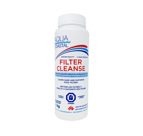 Aqua Coastal Filter Cleanse pool chemical for deep cartridge filter cleaning, shown in a clear container with a white background.