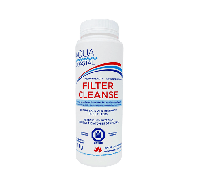 Aqua Coastal Filter Cleanse pool chemical bottle for deep cartridge filter cleaning, with label and cap visible.