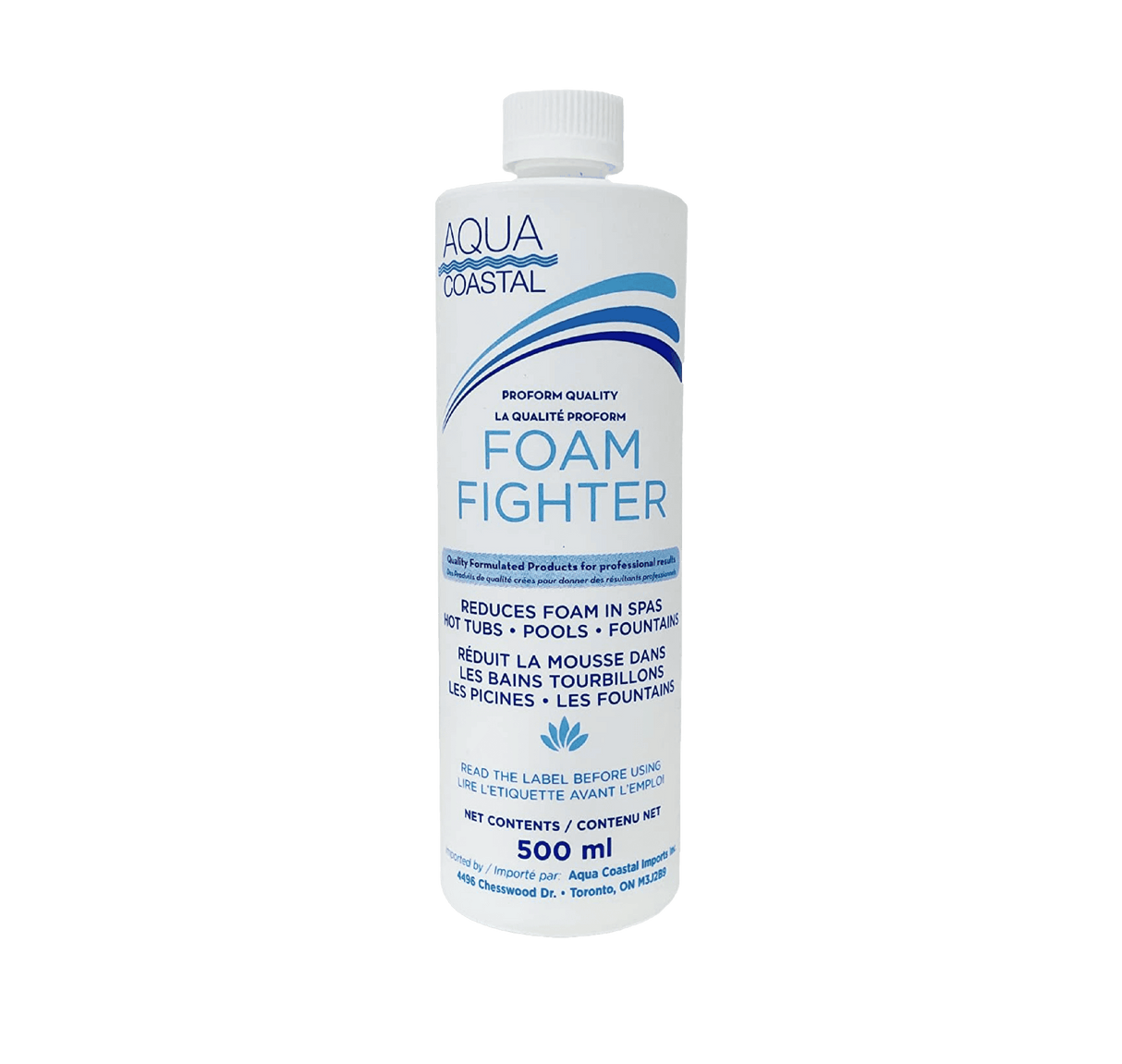 Aqua Coastal Foam Fighter spa and pool de-foamer chemical bottle with label for fast foam control in pools and spas.