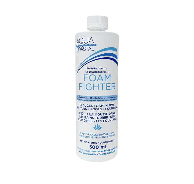 Aqua Coastal Foam Fighter spa and pool de-foamer chemical bottle with label for fast foam control in pools and spas.