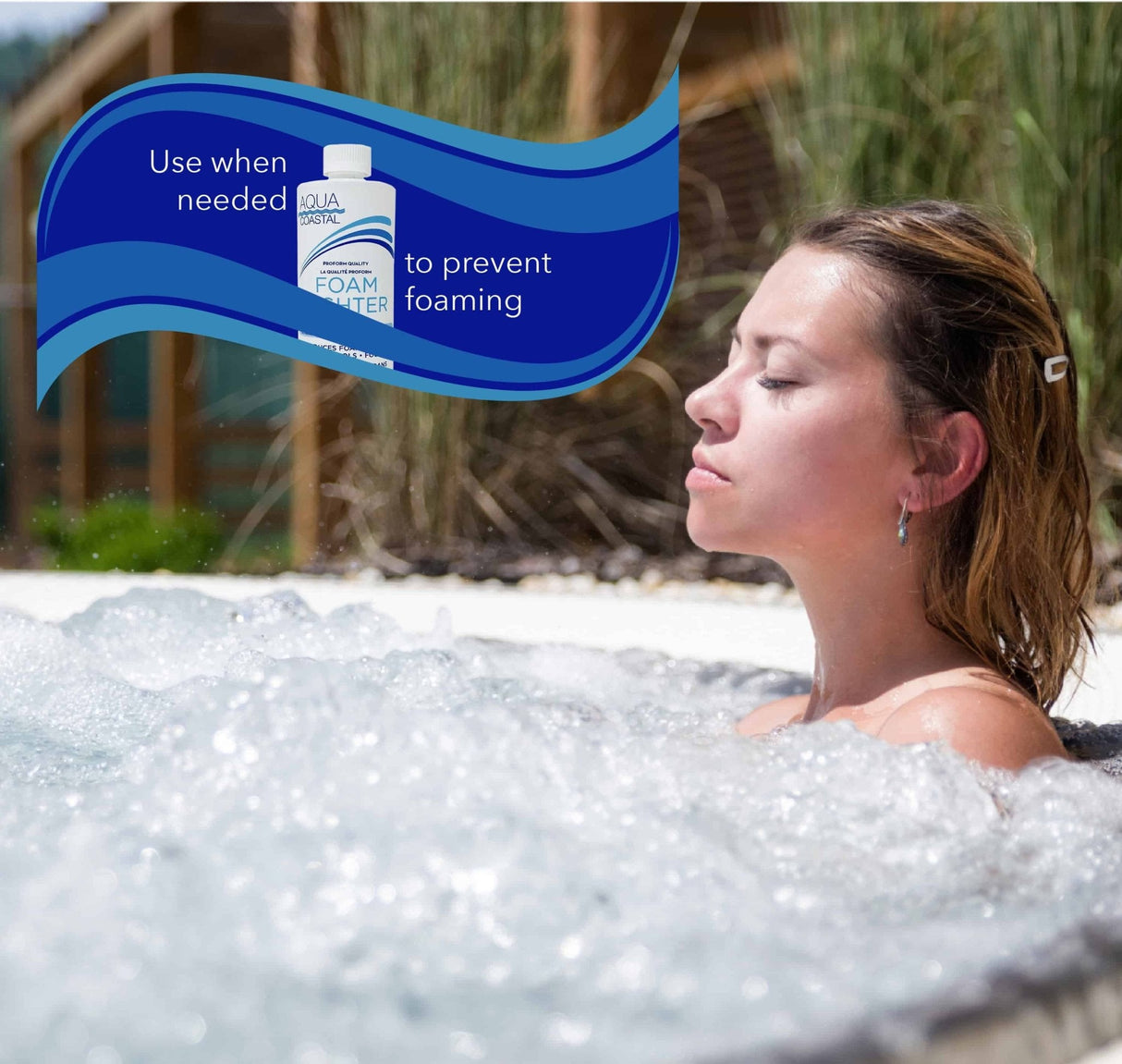 Aqua Coastal Foam Fighter Spa and Pool Defoamer bottle, chemical product for fast foam control in spas and pools.