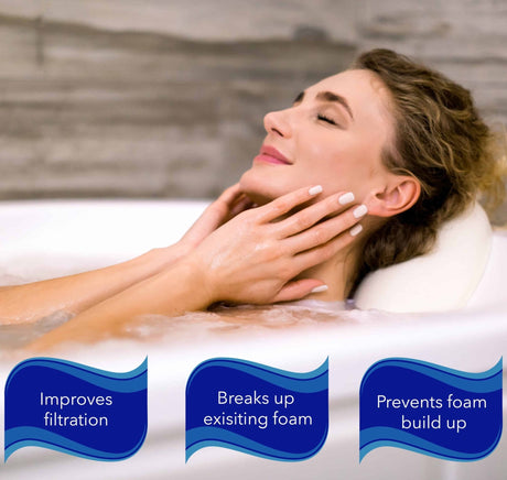 Aqua Coastal Foam Fighter Spa and Pool Defoamer bottle, chemical solution for fast foam control in spas and pools.