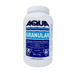 Aqua Coastal granular stabilized chlorine 2kg for pool sanitizing, shown in a clear plastic bag with white granules.