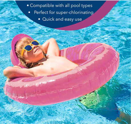 Aqua Coastal granulated chlorine super shock for pools, 450g, used for pool sanitization and recovery, shown in a clear container.