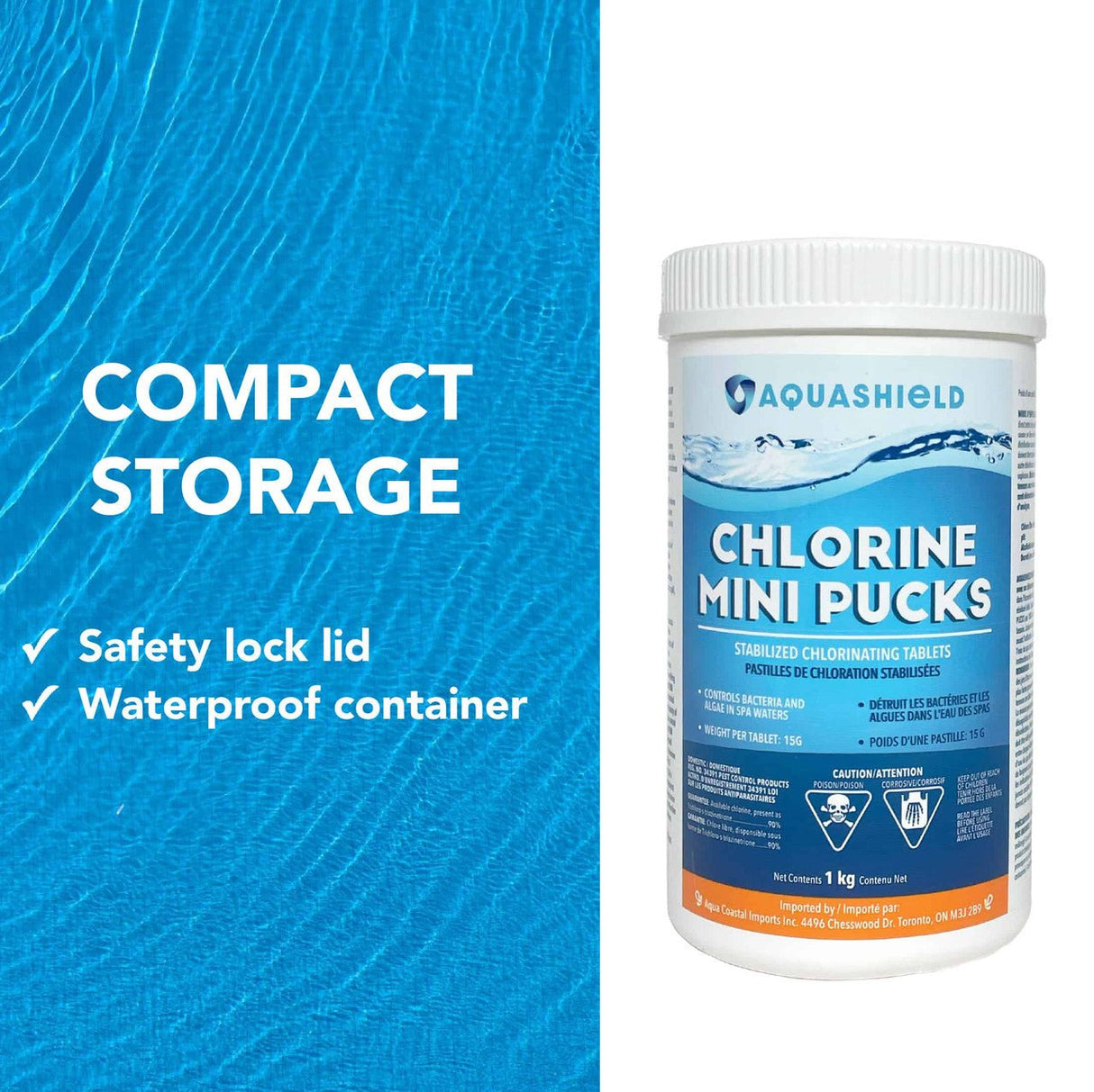 Aqua Coastal mini chlorine pucks for small pools and spa floats, showing small, compact pool chemical tablets.