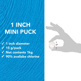 Aqua Coastal mini pucks chlorine tablets for small pools and spa floats, shown in a close-up view of the small pool chemicals.