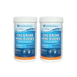 Aqua Coastal Mini Pucks chlorine tablets for small pools and spa floats, showing small, compact pool chemicals in a container.