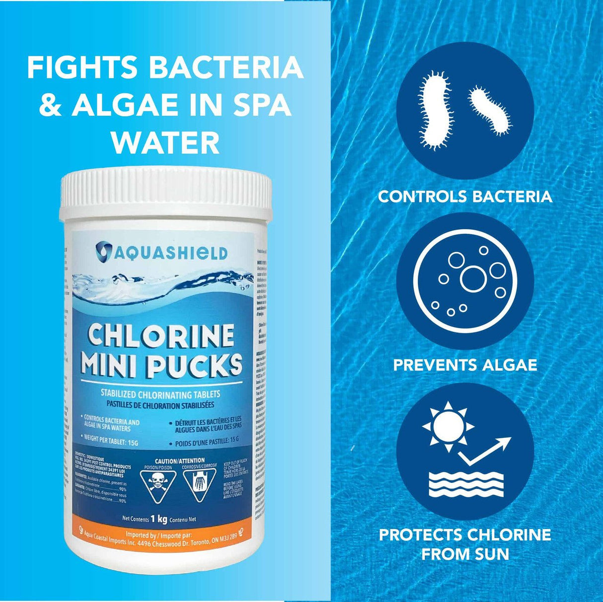 Aqua Coastal mini chlorine pucks for small pools and spa floats, showing small, round chlorine tablets in a container.