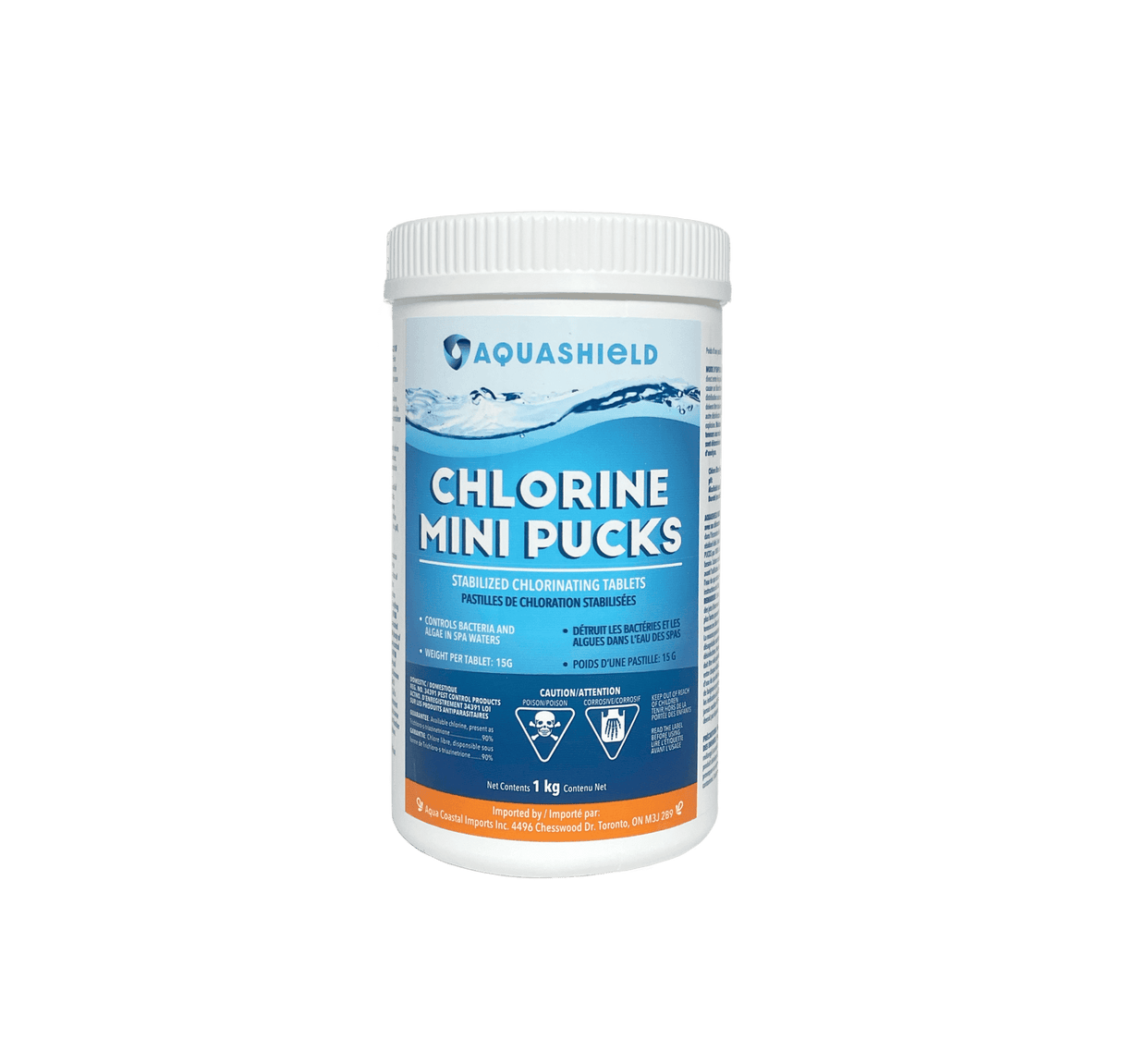 Aqua Coastal mini chlorine pucks for small pools and spa floats, showing small cylindrical pool chemical tablets.