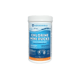 Aqua Coastal mini chlorine pucks for small pools and spa floats, showing small cylindrical pool chemical tablets.
