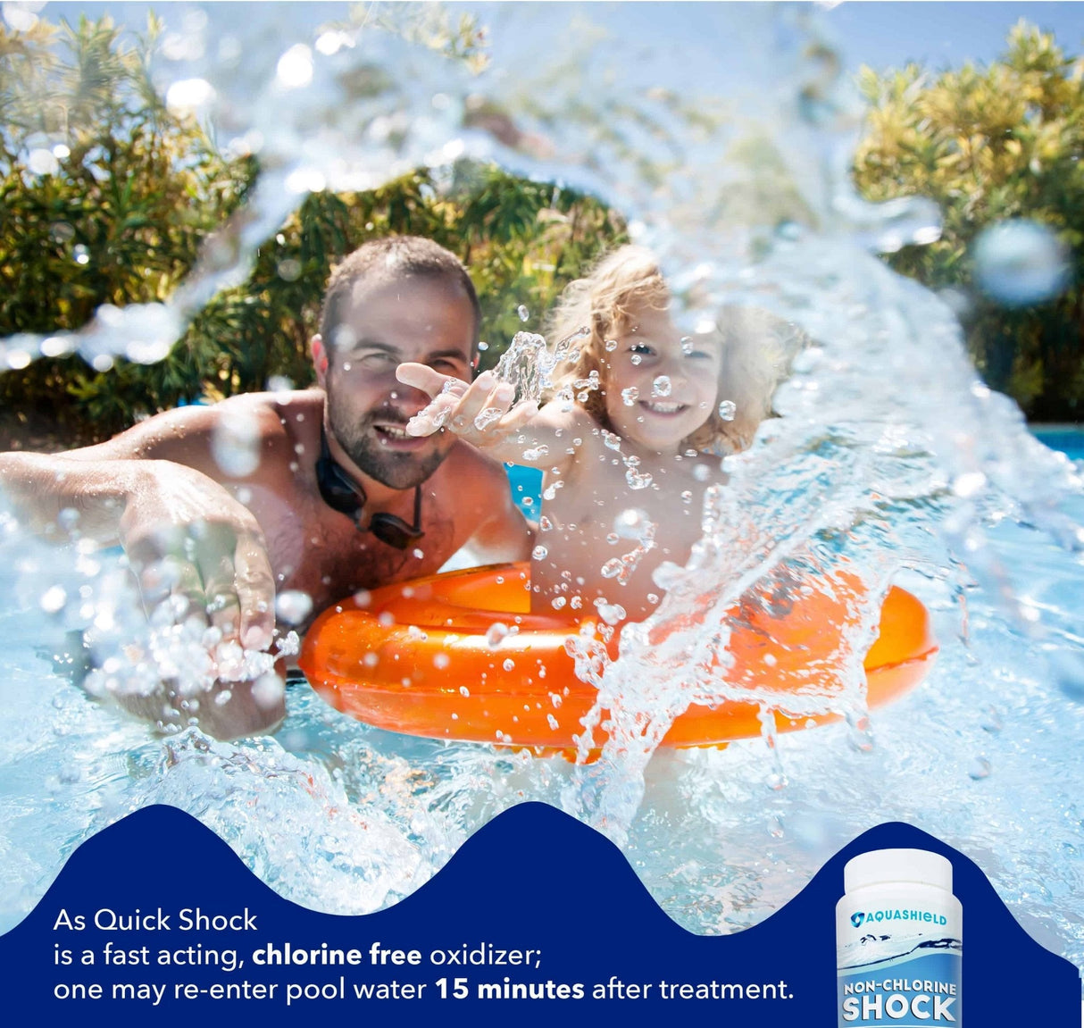 Aqua Coastal non-chlorine quick shock pool chemical bottle for weekly oxidizing and clarifying pool water.