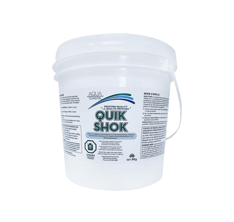 Aqua Coastal Non-Chlorine Quick Shock pool chemical for weekly oxidizing care, in a white container with label.