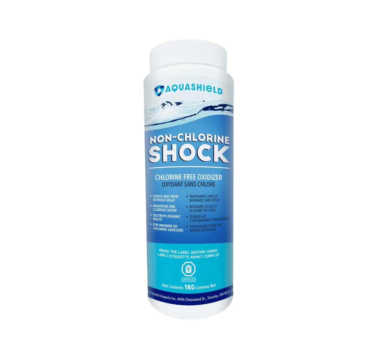Aqua Coastal non-chlorine quick shock pool chemical for weekly oxidizing care, in a white container with a blue label.
