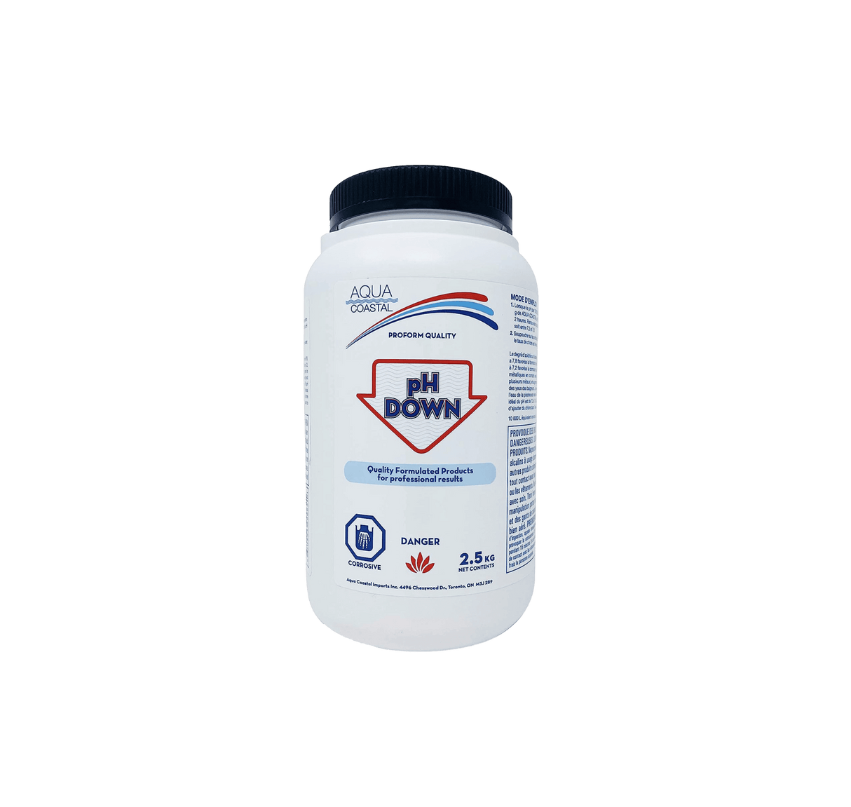 Aqua Coastal pH Down pool chemical bottle used for lowering water pH levels in pools and spas.