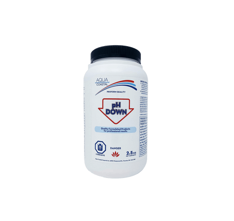 Aqua Coastal pH Down pool chemical bottle used for lowering water pH levels in pools and spas.