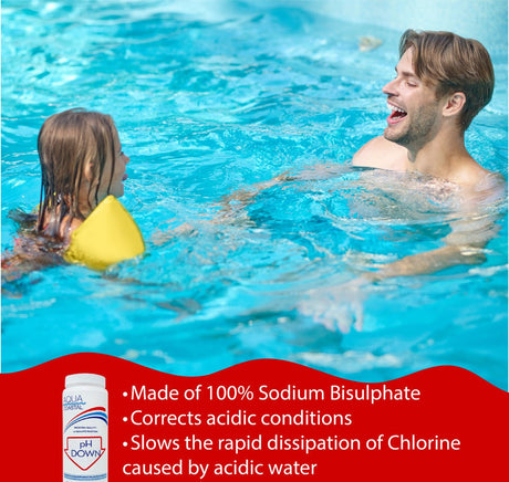 Aqua Coastal pH Down pool chemical bottle used for lowering water pH levels in pools and spas.