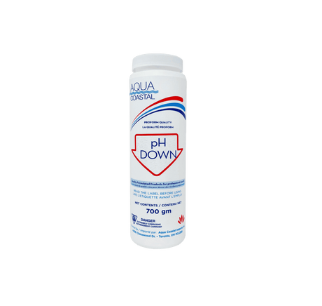 Aqua Coastal pH Down pool chemical bottle used for lowering water pH levels in pool and spa water.