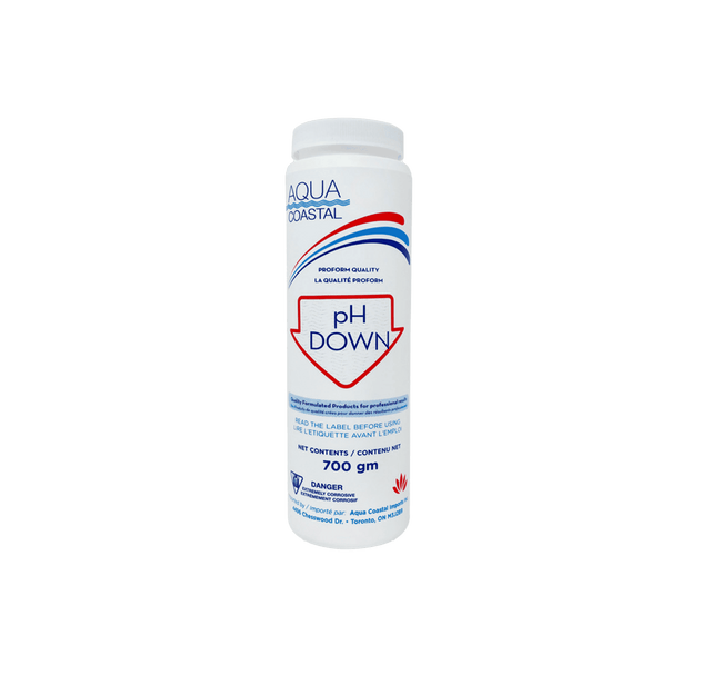 Aqua Coastal pH Down pool chemical bottle used for lowering water pH levels in pool and spa water.