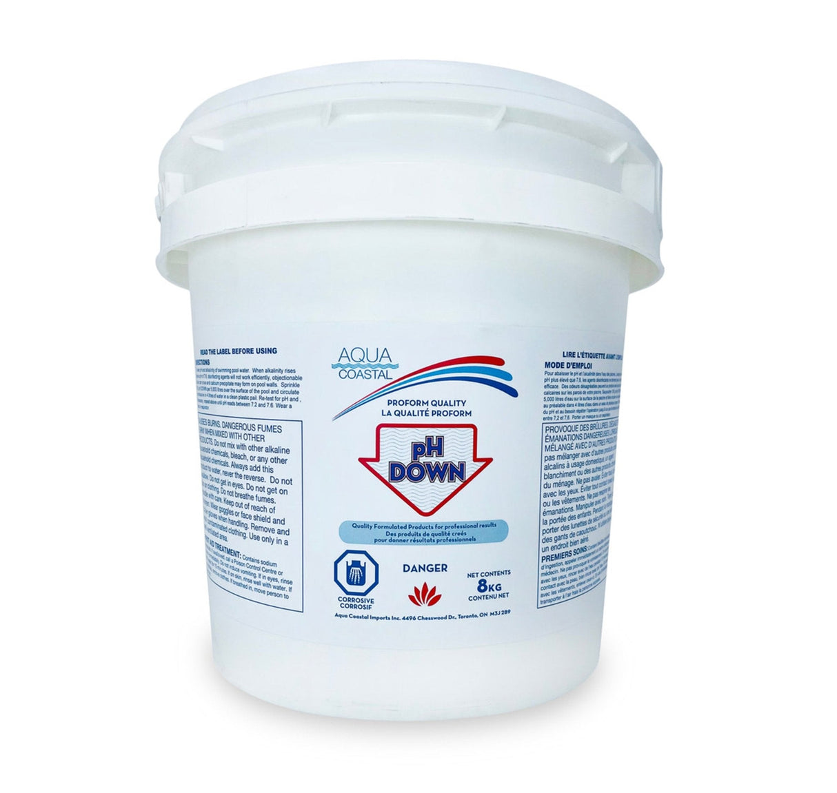 Aqua Coastal pH Down pool chemical bottle used for lowering water pH levels in pools and spas.