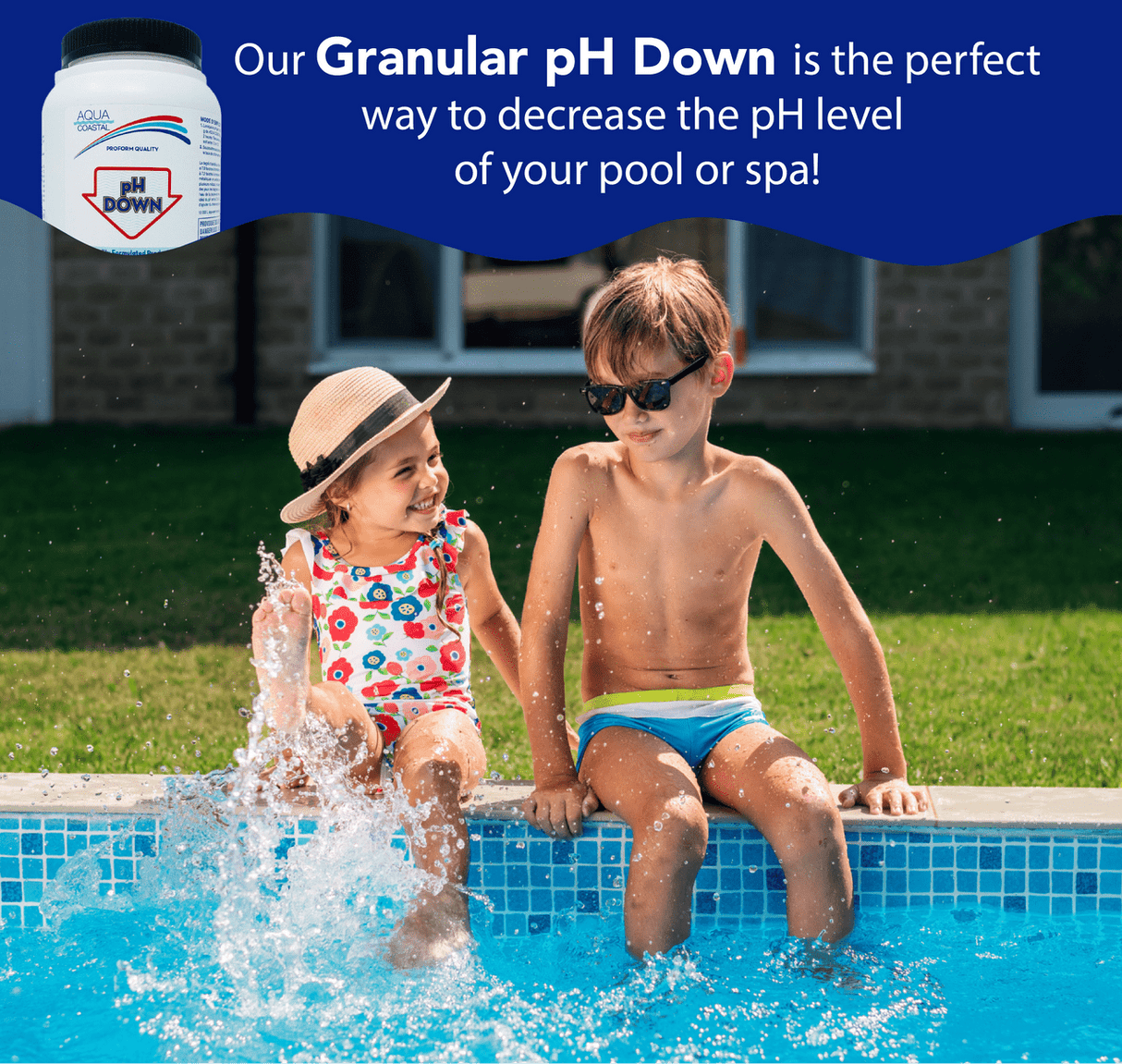 Aqua Coastal pH Down pool chemical bottle for lowering pool and spa water pH levels effectively.